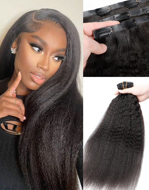 Kinky Straight Ultra-thin PU Weft Seamless Clip in Human Hair Hair Extensions Natural Black 7Pcs