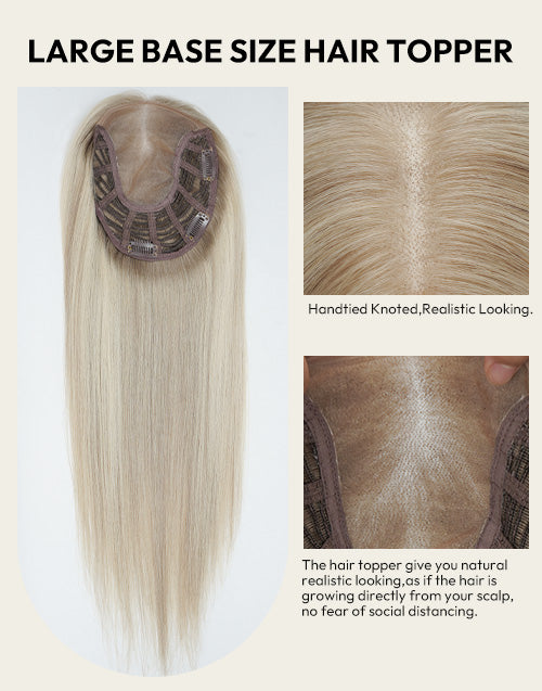 Large base blonde hair topper showing breathable cap construction, secure clip-ins, and hand-tied knotted hairline for a realistic scalp appearance.