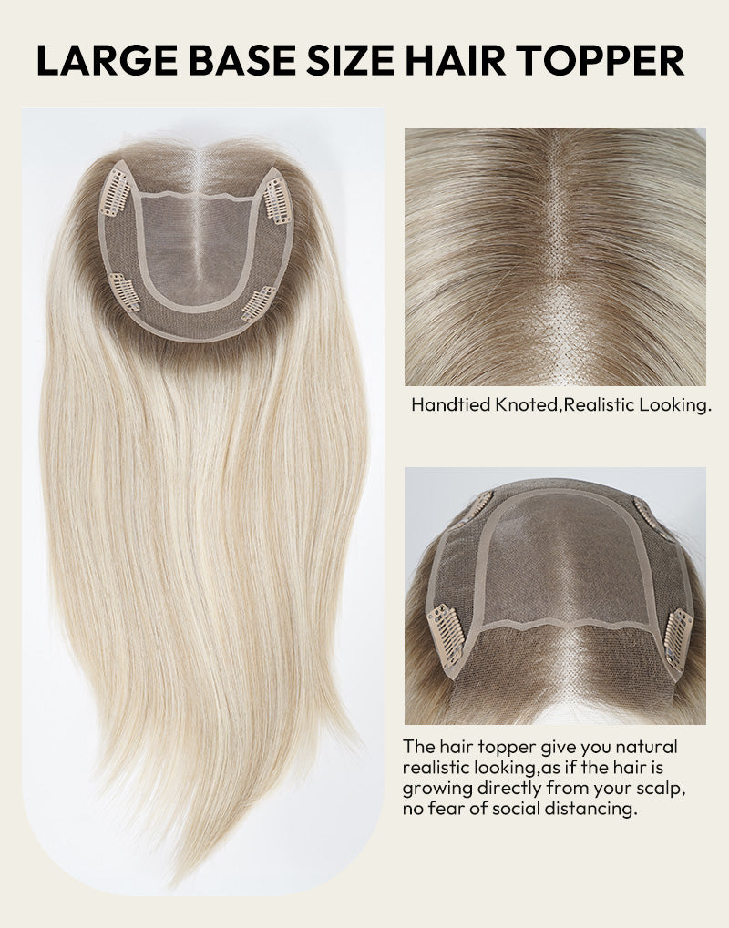 Multiview infographic for a large base size hair topper in platinum blonde.