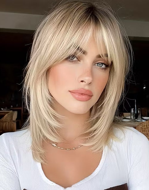 Lary- Minimalist Lace Ombre Blonde Highlight Layered Straight Bob Wig With Curtain Bangs