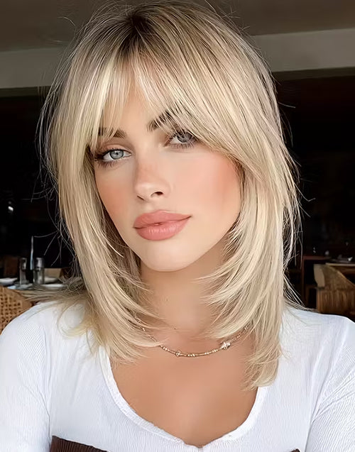 Lary- Minimalist Lace Ombre Blonde Highlight Layered Straight Bob Wig With Curtain Bangs