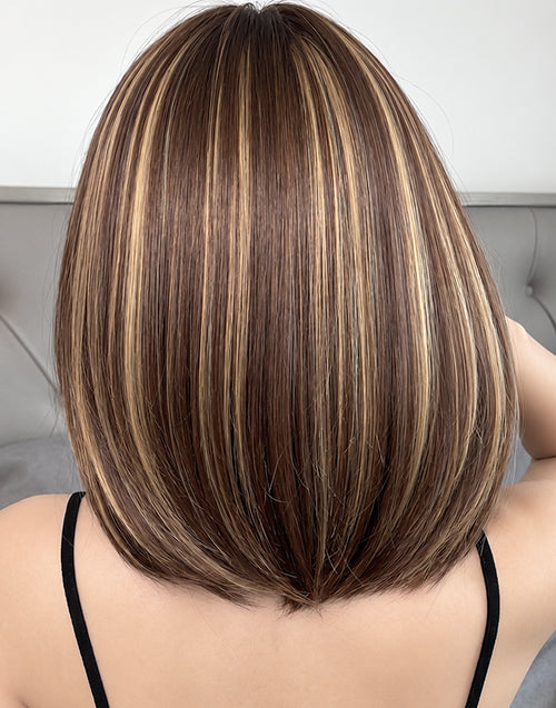 Lauri-6x5.5 Mono Top Lace Dark Brown & Honey Blonde Straight Bob Wig With Bangs Suitable For Hairstyles Easy Wear For Beginners
