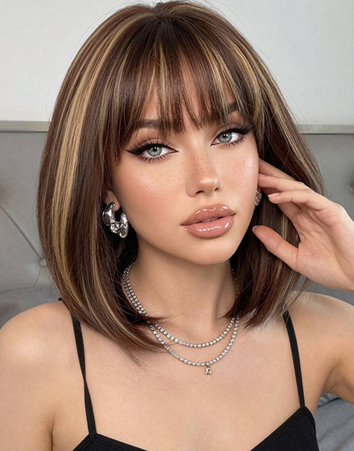 Lauri-6x5.5 Mono Top Lace Dark Brown & Honey Blonde Straight Bob Wig With Bangs Suitable For Hairstyles Easy Wear For Beginners