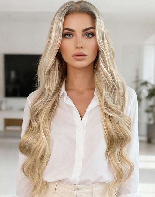 Creamy-Light Blonde Highlight Wavy Wig With Ash Roots True-Hold Glueless Human Hair Wig