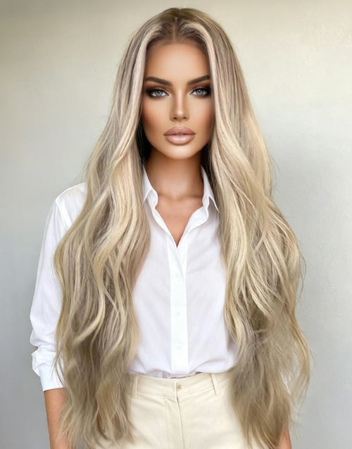 Front view of a model wearing a long wavy human hair wig in warm ash blonde balayage