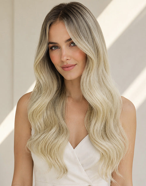 Osama- Long Ombre Blonde Wavy 13x6 Glueless Human Hair Lace Front Wig With Dark Roots