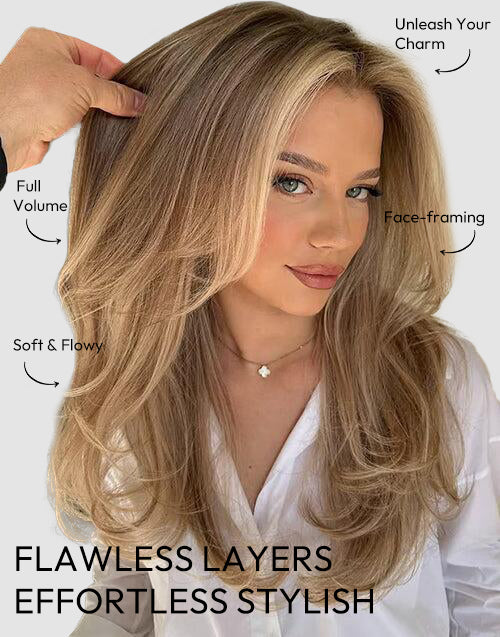 Luxury vanilla blonde wig featuring flawless layers and soft flowing texture.