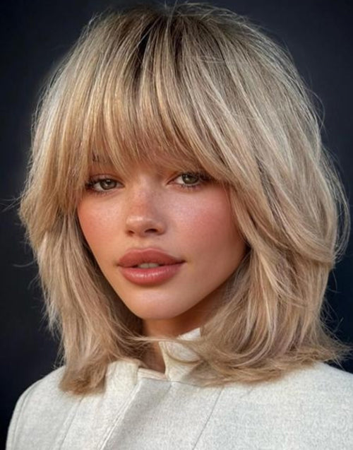 Joy- Minimalist Lace Bob Wig With Bangs 100% Human Hair Layered Ombre Ash Blonde Wig