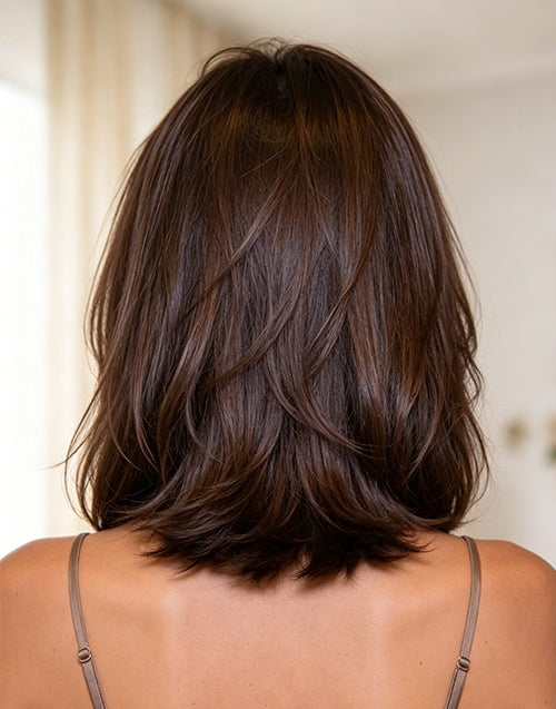 Back view of a shoulder-length layered brown lob haircut