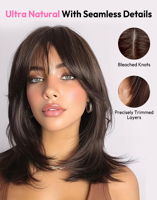 Monica Dark Brown Glueless Wig detail infographic showing realistic scalp with curtain bangs, and precisely trimmed oval layers.