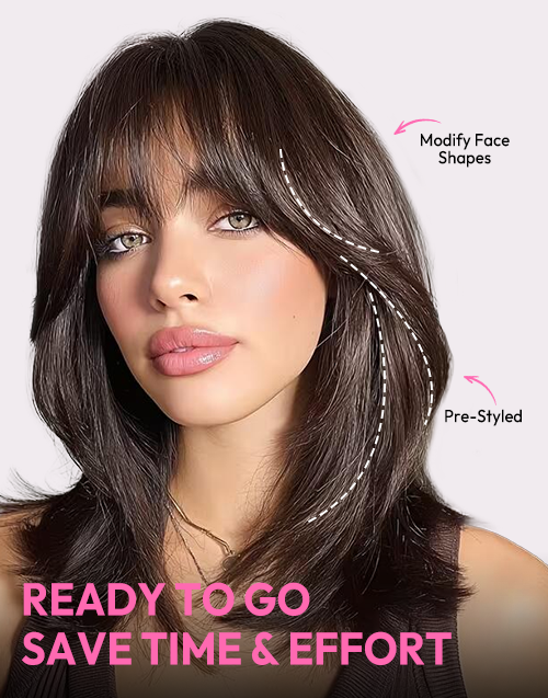 Monica Dark Brown Glueless Wig infographic showing pre-styled oval layers and curtain bangs designed to modify face shapes, ready to go for quick wearing.