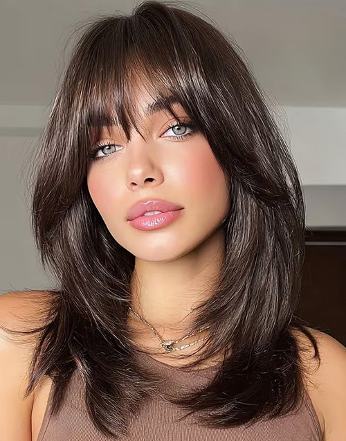 Monica- Dark Brown Glueless Straight Oval Layered Wig With Curtain Bangs Pre Cut Lace