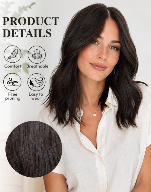 Product details infographic for Taseen mono lace top wig featuring model display