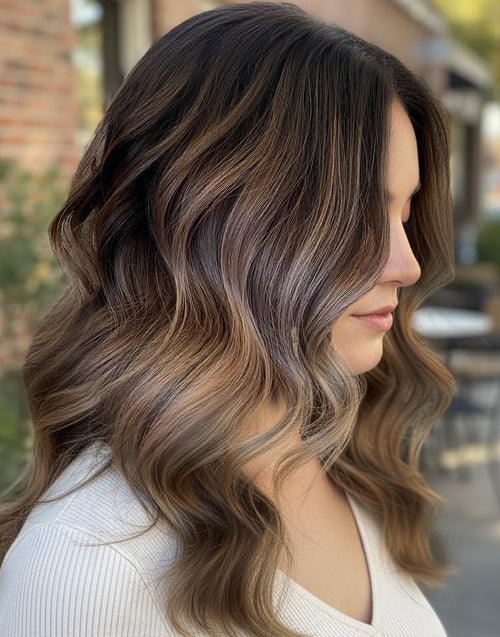 Side view of a wavy mushroom brown blonde balayage wig with natural texture.