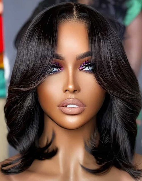 Agne- Smart-Fit Pull Go Curtain Bangs Layered Chic Flowy Straight Bob 7x5 Pre Cut Lace Glueless Wig