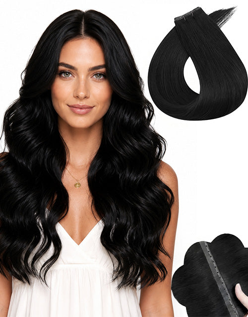 Model wearing long wavy natural black seamless flat weft hair extensions with product bundle view and close-up of the ultra-thin PU top track.