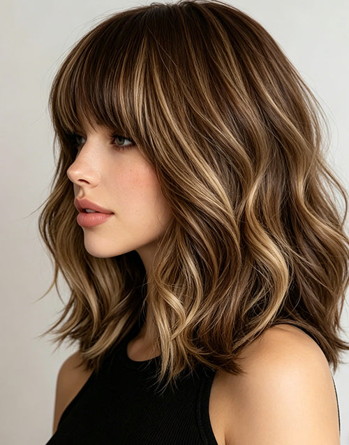 Nita- Balayage Brown Golden Blonde Wavy Bob Wig With Bangs 5.5x5.5 Lace