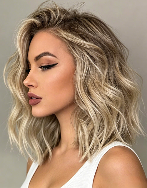 Side view of ombre ash blonde wavy bob wig showing soft waves and highlights.
