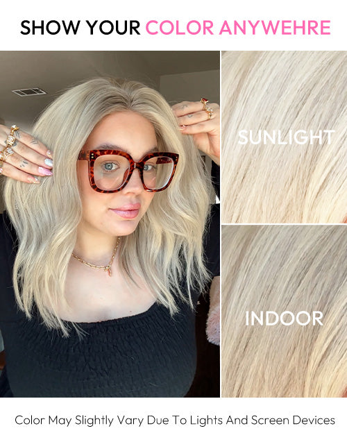 A color comparison chart showing an ombre ash blonde wavy bob wig under natural sunlight and indoor lighting with a model demo.