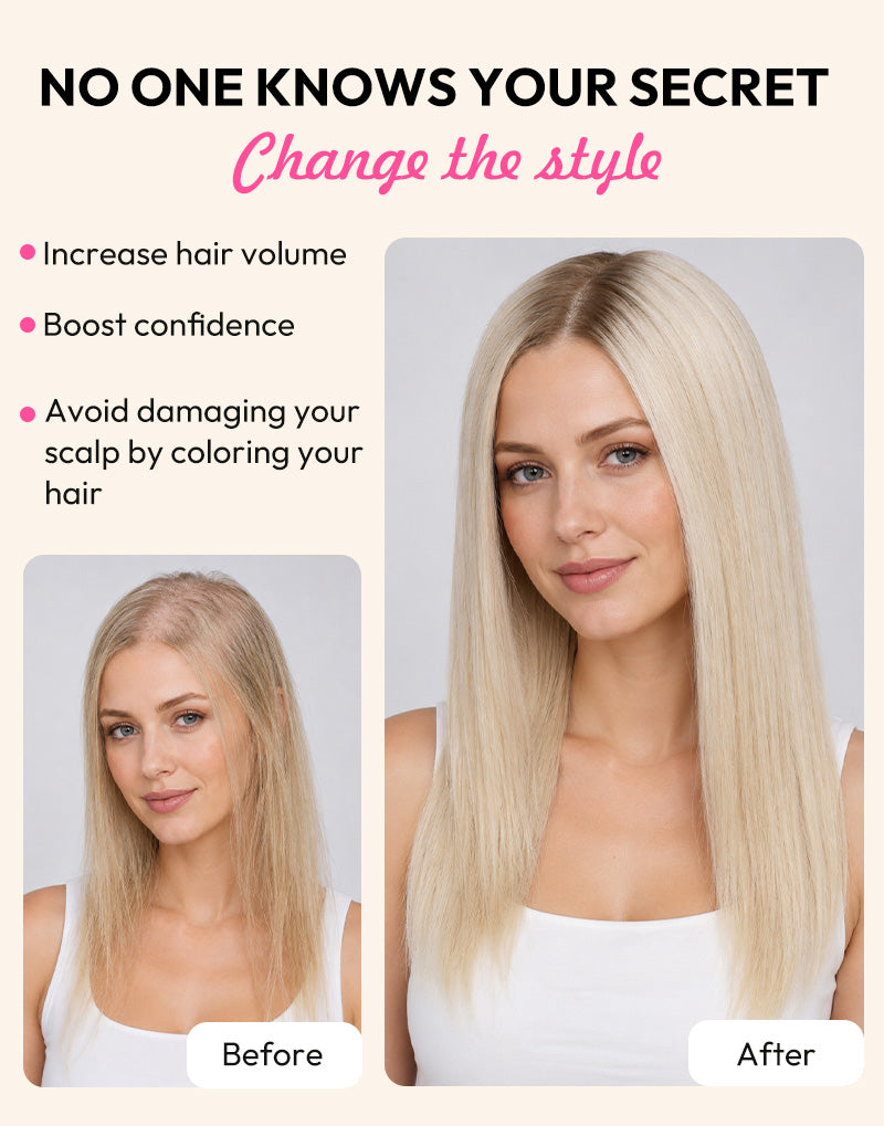 Before and after transformation infographic of a woman wearing a blonde human hair topper for thinning hair.
