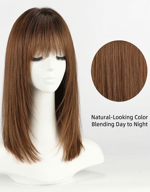 Medium-length ombre brown straight wig with bangs displayed on a mannequin head