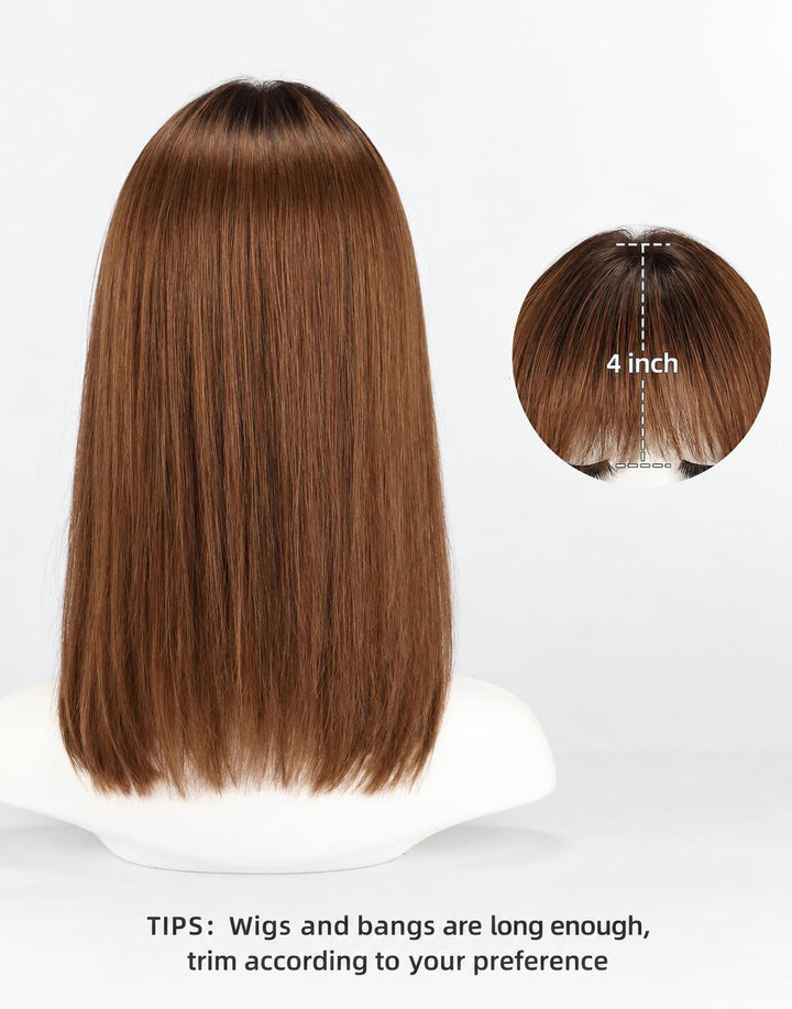 Back view of a medium-length ombre brown straight wig on a mannequin head