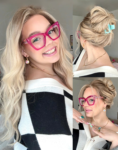 Real customer review showing Ophelia ash blonde balayage ombre 360 lace human hair wig styled down and in a claw clip updo, featuring a seamless natural hairline.