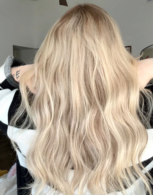 Real customer photo showing the stunning back view of the Ophelia Ombre Ash Blonde Balayage 360 Lace Human Hair Wig.