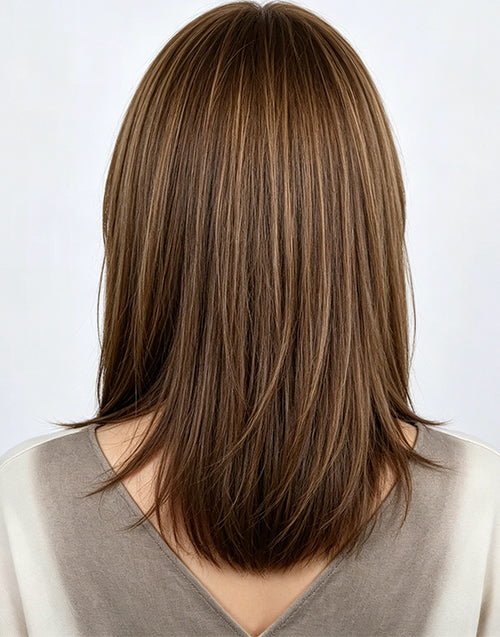 Paola- Highlight Golden Brown Straight Layered Bob Wig With Curtain Bangs True-Hold Glueless Human Hair Wig