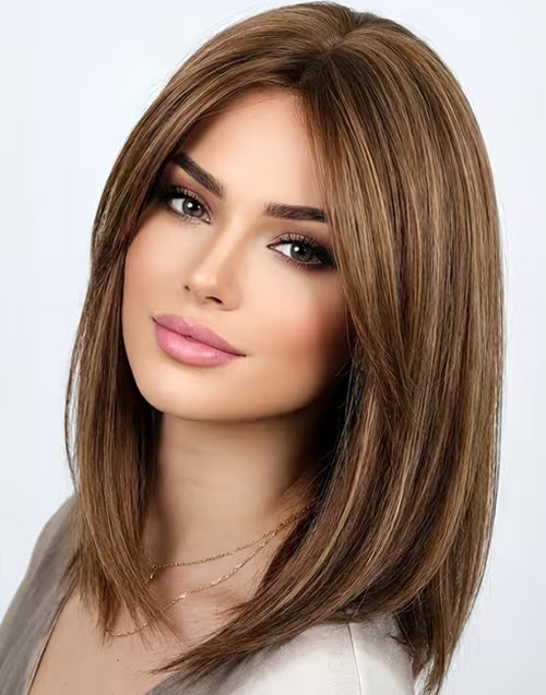 Paola- Highlight Golden Brown Straight Layered Bob Wig With Curtain Bangs True-Hold Glueless Human Hair Wig