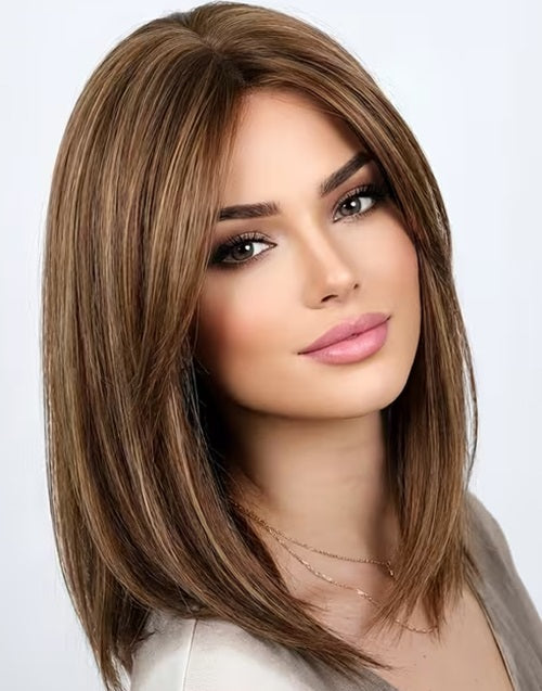 Three-quarter side portrait of the Paola Golden Brown Highlight Wig.