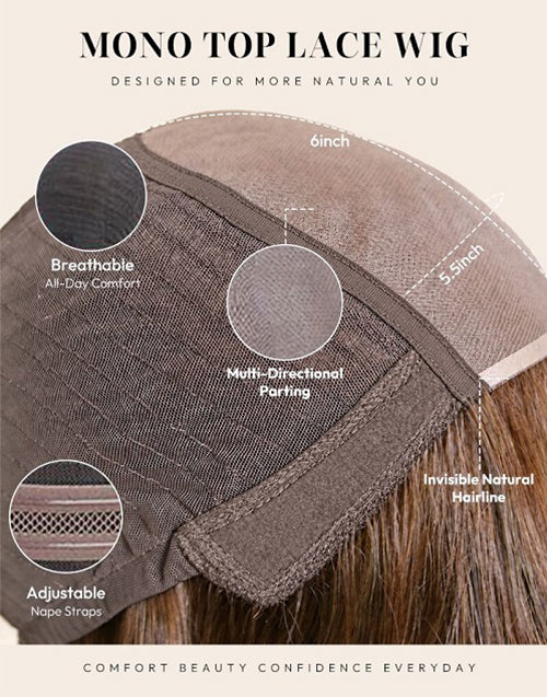 Pag- Glueless Layered Cut Wig With Bangs Silky Straight Brown Highlight Bob With Bangs