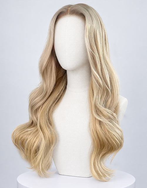 Three-quarter angled view of a long wavy platinum blonde balayage lace front wig on a mannequin