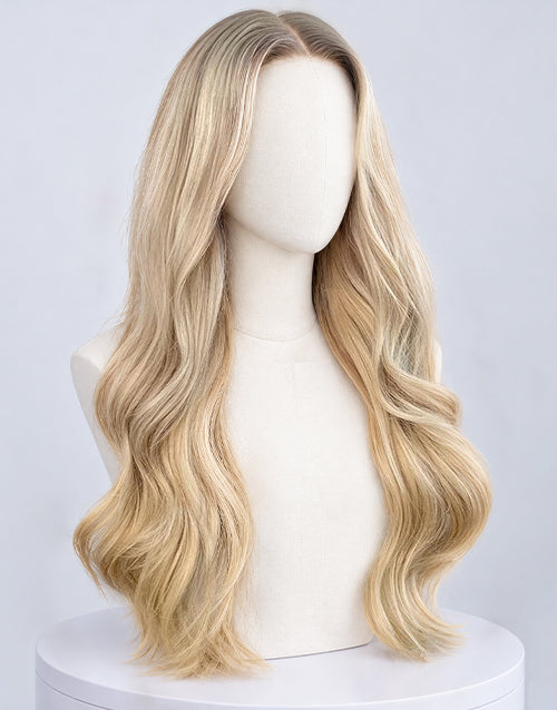 Three-quarter side view of a long wavy platinum blonde balayage lace front wig on a mannequin