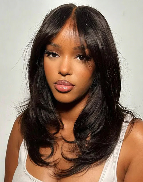 Carol- Pre-Cut Glueless Wavy Layered Wig With Curtain Bangs 100% Human Hair