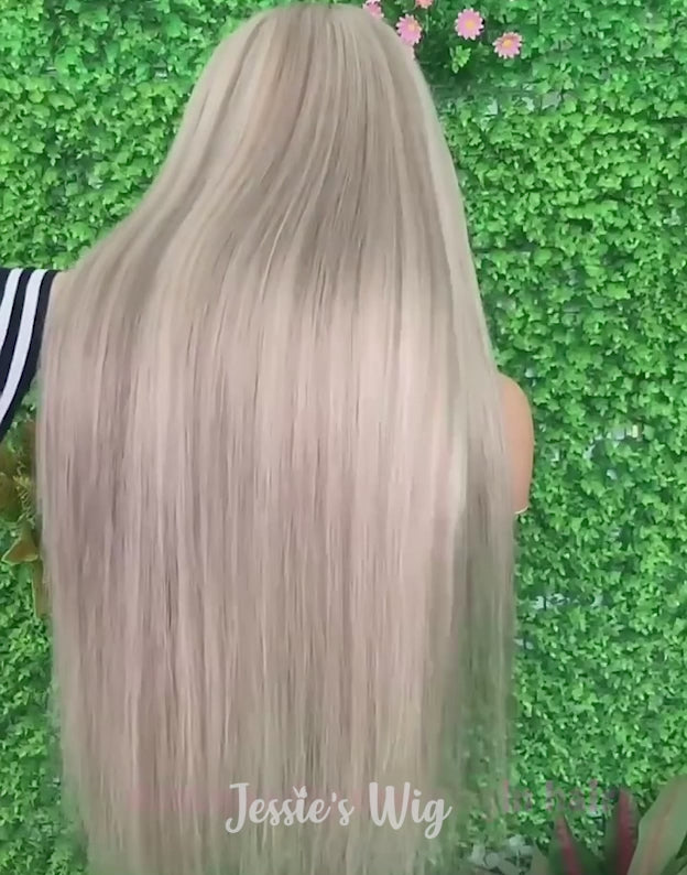 Aria- True-Hold Glueless Highlight Ash Blonde With Grey Roots Ombre Colored Straight 13x4 Lace Frontal Wig