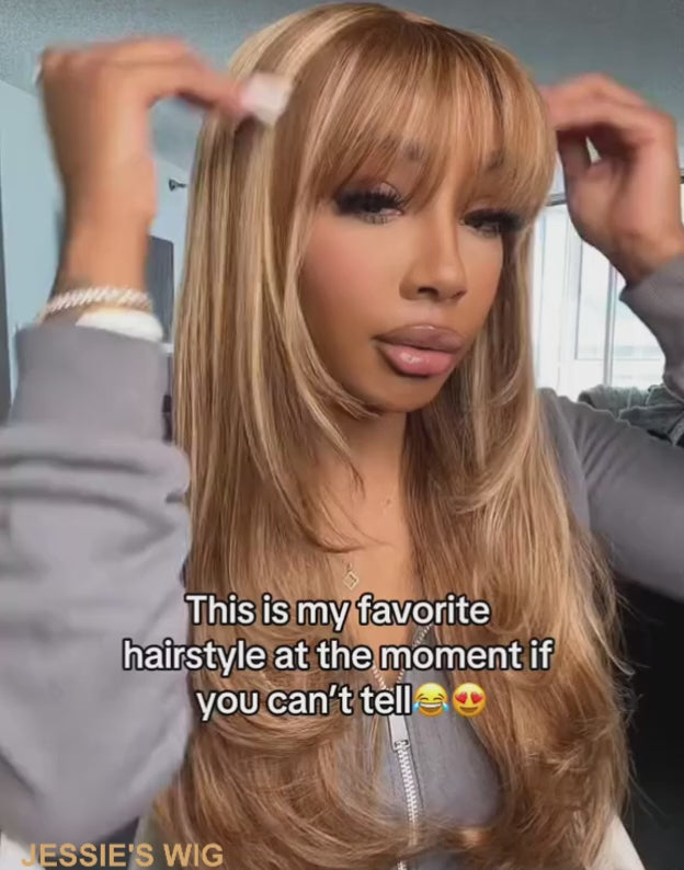 20" Highlight Brown Straight Layer Cut Wig With Bangs Pre Cut 6x5 Lace Flash Deal