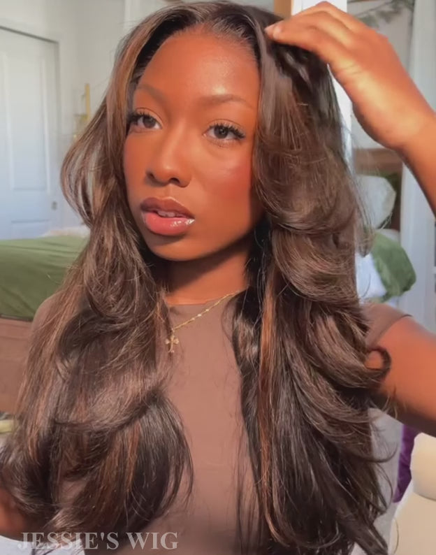 Astrid- Brown Highlight Curtain Bangs Layered Wavy 13x5 Pre Everything Glueless Wig Human Hair