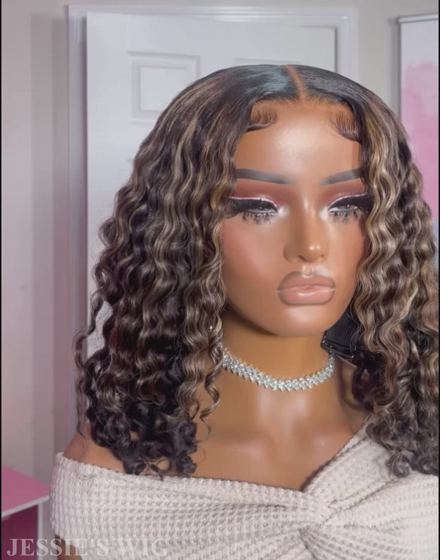 Melissa- Smart-Fit Pull Go Ombre Blonde Highlight With Dark Brown 13x5 Pre Everything Curly Bob Glueless Human Hair Wig