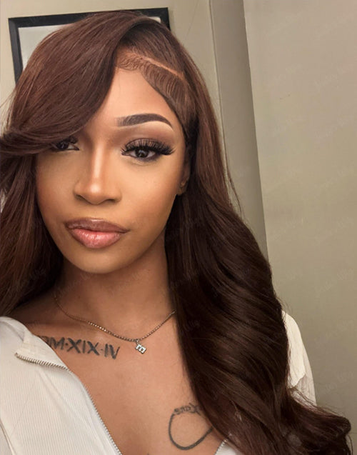 Ellen- Glueless Pull Go Wig Curtain Bangs BIGEKANE Recommend #4 Light Brown Wavy Pre Styled Lace Front Human Hair Pre Cut Wigs