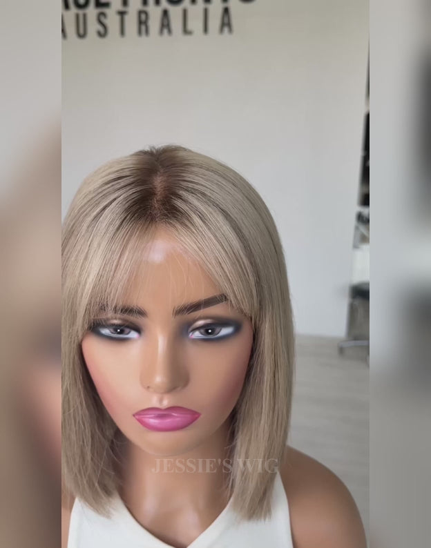 Judy- Sandy Beige Blonde With Ash Root Curtain Bangs True-Hold Glueless Straight Bob Wig Human Hair