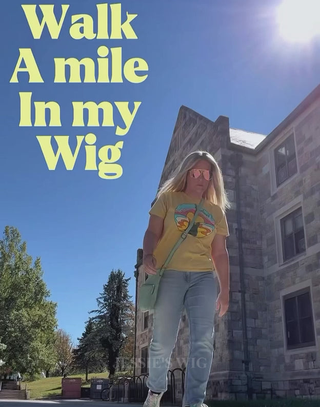 Evelknievee wearing Samina ash blonde balayage glueless wig while walking, showing natural movement and layered straight hair.