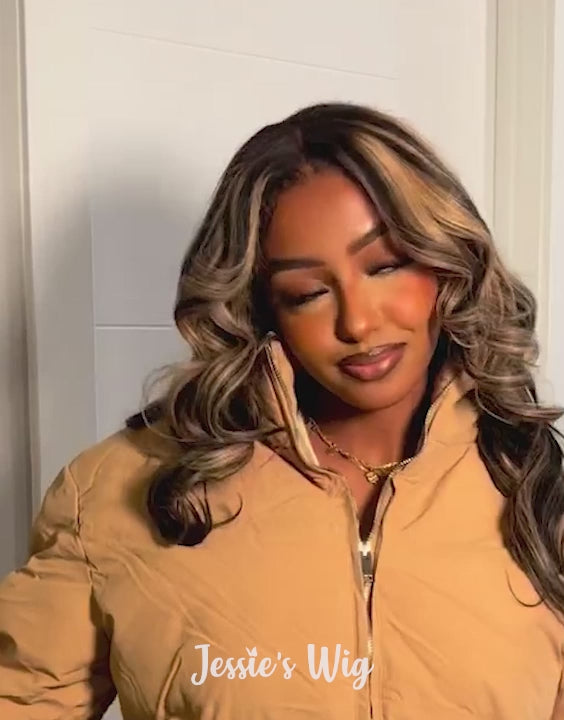 Eileen- Smart-Fit Pull Go Black With Honey Blonde Highlights Glueless Wavy 13x5 Pre Cut Lace Front Wig Piano Colored Human Hair Wig