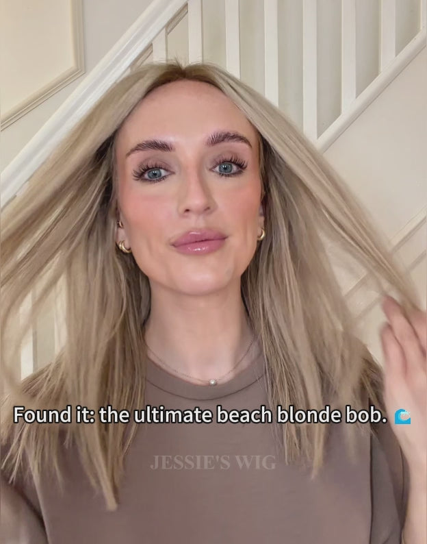 Sunny- Beach Blonde Highlight Wavy Bob Human Hair Wig with Shadow Root Mid-Length Bob