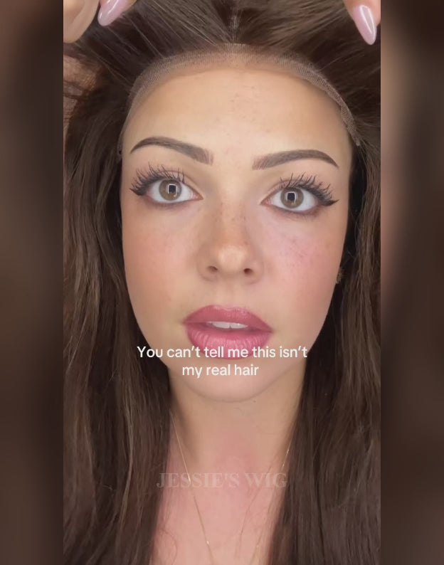 Karisa- Brown Color Curtain Bangs Layered Straight Pull Go Glueless Wig With Drawstring Pre Cut 7x5 Lace