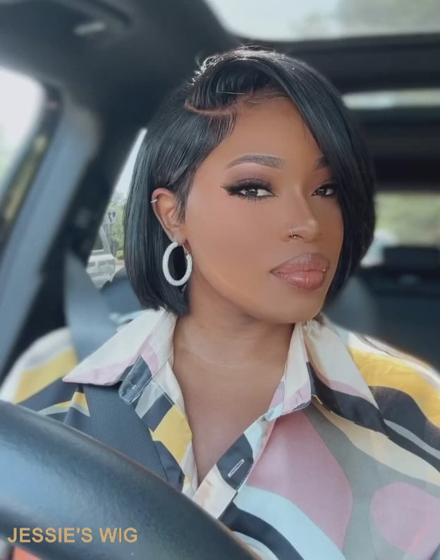 Leona- Mature Boss Straight Pixie Cut Wig With Swept Bangs Pre Cut Lace Glueless Wig