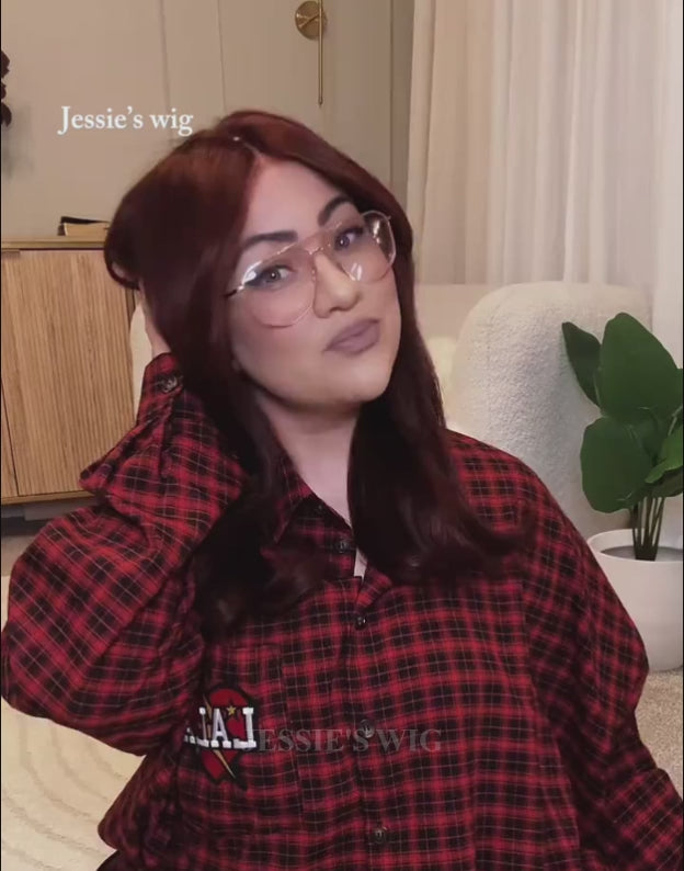 Hayes- Celebrity Same Reddish Brown Layered Straight Pull Go Wig With Curtain Bangs Pre Cut Lace With Drawstring