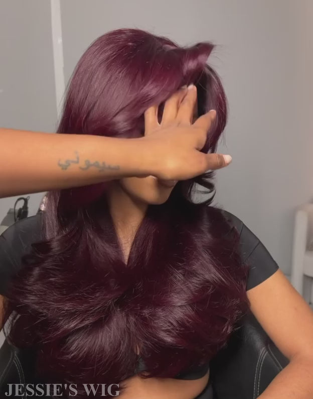 Ethel- Burgundy Colored Curtain Bangs Layered Wavy 13x5 Pre Everything Glueless Wig Easily Do High Bun by Yourself