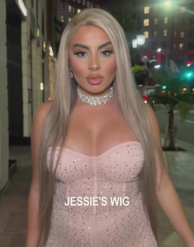 Aria- True-Hold Glueless Highlight Ash Blonde With Grey Roots Ombre Colored Straight 13x4 Lace Frontal Wig