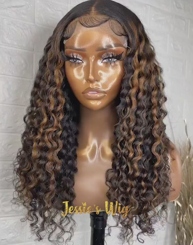 Piano Brown Deep Curly 4x4 HD Lace Wig Glueless Preplucked Highlight Human Hair Wig
